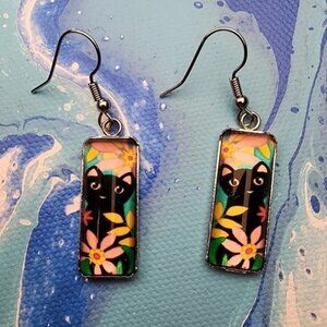 Rectangle Drop Earrings Floral Black Cat Lovers Jewelry Perfect for Halloween